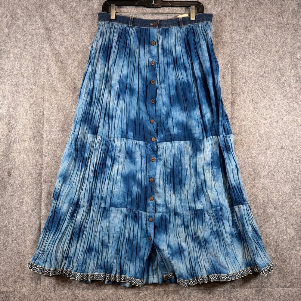Vtg Broomstick Boho Skirt Womens 12 Button Down Tie Dye Blue Festival Deadstock
